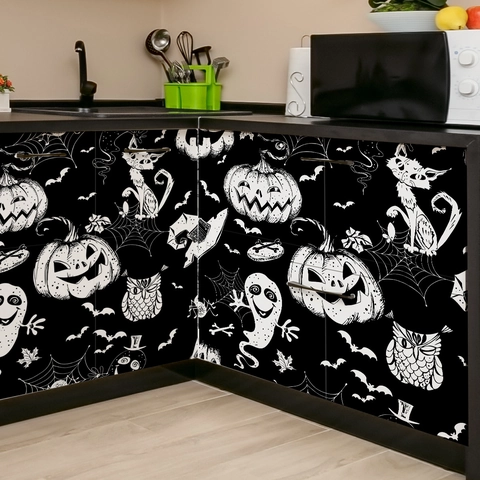 Halloween Wallpaper Wall Sticker Black White Pumpkin Ghost Bat Spider Web Pattern Self-Adhesive Removable Home Decor Mural