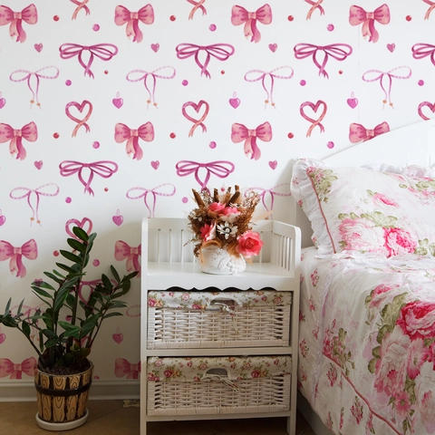 Autocollant Mural Autocollant Nœud Rose Cœur Style Nordique Mignon Papier Peint à Pois Pour Chambre d'enfant Décoration Maison
