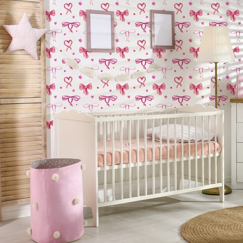 Adesivo Murale Autoadesivo Rosa Con Fiocco e Cuore Stile Nordico Simpatico Carta Da Parati a Pois Per Cameretta Bambini Casa