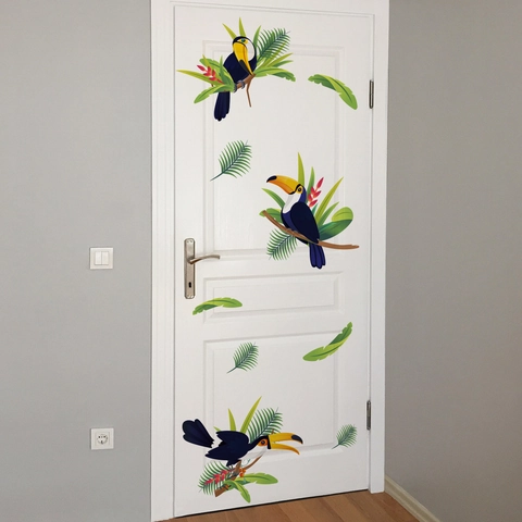 Adesivo da Parete Tonalità Tucano Tropicale Foglie Verdi PVC Autoadesivo Mobili Armadio Decalcomania Cucina Camera Bagno