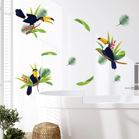 Adesivo da Parete Tonalità Tucano Tropicale Foglie Verdi PVC Autoadesivo Mobili Armadio Decalcomania Cucina Camera Bagno