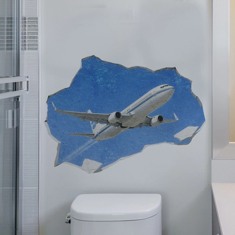 3D Bruchwand Flugzeug Wandaufkleber Blauer Himmel Wolken Flugzeug Aufkleber Für Wohnzimmer Schlafzimmer Badezimmer Deko