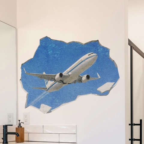 3D Bruchwand Flugzeug Wandaufkleber Blauer Himmel Wolken Flugzeug Aufkleber Für Wohnzimmer Schlafzimmer Badezimmer Deko