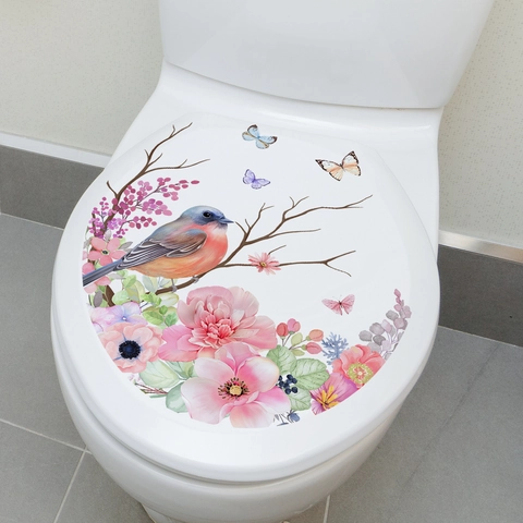 Sticker Toilettes Motif Oiseau Fleur Papillon Autocollant PVC Imperméable Décalcomanie Murale Salle De Bain Style Aquarelle