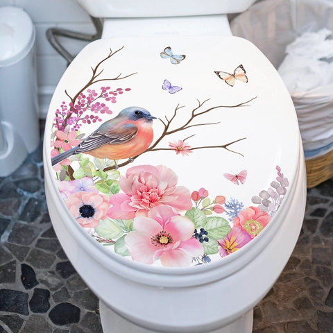Sticker Toilettes Motif Oiseau Fleur Papillon Autocollant PVC Imperméable Décalcomanie Murale Salle De Bain Style Aquarelle