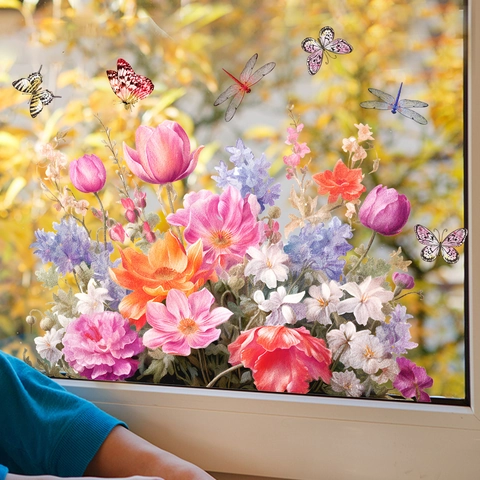 Watercolor Floral Window Stickers Butterfly Static Cling Decals Double Sided PVC Flower Glass Door Mirror Home Decor Removable