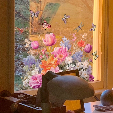 Blumen Schmetterling Fensterbilder Statisch Haftende Aufkleber Doppelseitig Wasserdicht PVC Floral Libelle Glas Deko