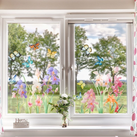 Watercolor Floral Window Stickers Butterfly Static Cling Decals Double Sided PVC Flower Glass Door Mirror Home Decor Removable