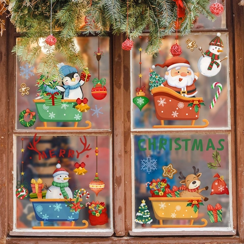 Christmas Window Stickers Static Cling PVC Reindeer Santa Claus Snowman Double Sided Holiday Glass Decals Home Decoration
