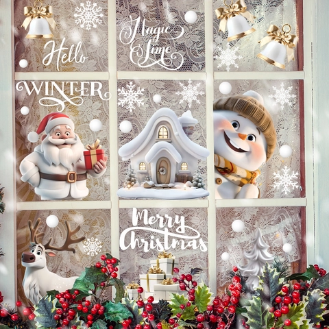 Christmas Window Stickers Static Cling PVC Reindeer Santa Claus Snowman Double Sided Holiday Glass Decals Home Decoration