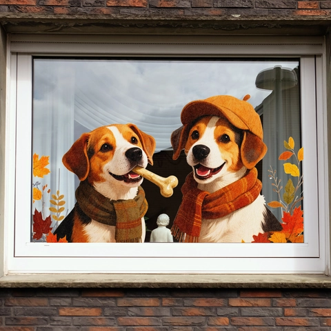 Autumn Beagle Dog Window Stickers Cute Animal Maple Leaf Static Cling Glass Decoration For Living Room Bedroom Home Decor