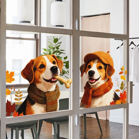 Autumn Beagle Dog Window Stickers Cute Animal Maple Leaf Static Cling Glass Decoration For Living Room Bedroom Home Decor