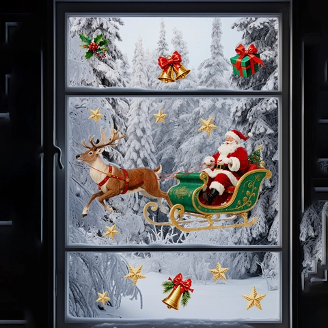 Weihnachtsfensteraufkleber Statisch Haftend PVC Rentier Weihnachtsmann Schneeflocken Fensterbilder Für Haus Und Laden