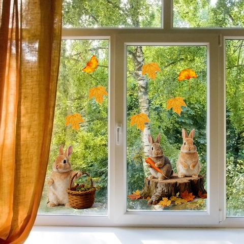 Autumn Window Stickers Static Cling PVC Maple Leaf Gnome Rabbit Pumpkin Thanksgiving Fall Harvest Decoration Removable