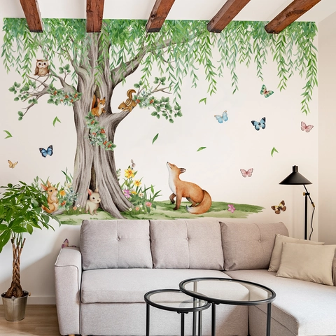 Grands Autocollants Muraux Arbre De Forêt Animaux Aquarelle Peinte À La Main PVC Auto Adhésif Amovible Pour Chambre Enfant