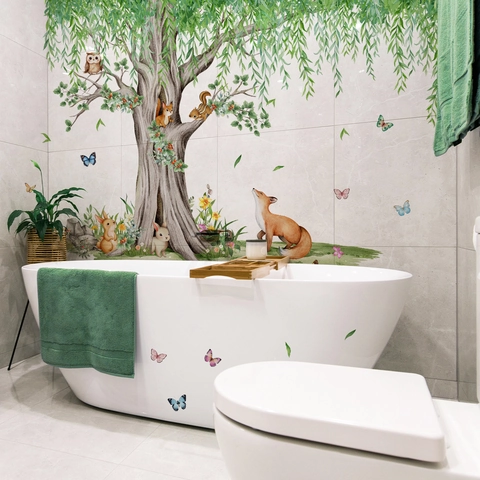 Grands Autocollants Muraux Arbre De Forêt Animaux Aquarelle Peinte À La Main PVC Auto Adhésif Amovible Pour Chambre Enfant