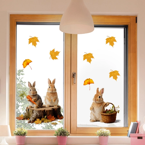 Autumn Window Stickers Static Cling PVC Maple Leaf Gnome Rabbit Pumpkin Thanksgiving Fall Harvest Decoration Removable