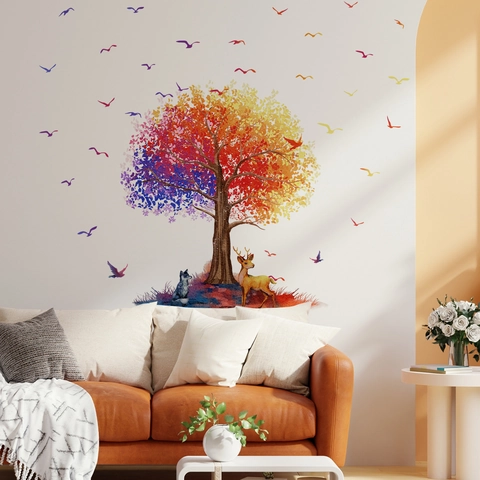 Stickers Muraux Arbre Coloré Aquarelle Animaux Cerf Oiseaux PVC Autocollant Amovible Décoration Chambre D'enfant