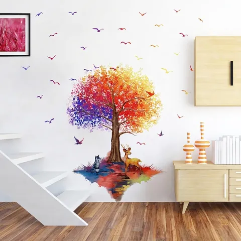 Stickers Muraux Arbre Coloré Aquarelle Animaux Cerf Oiseaux PVC Autocollant Amovible Décoration Chambre D'enfant
