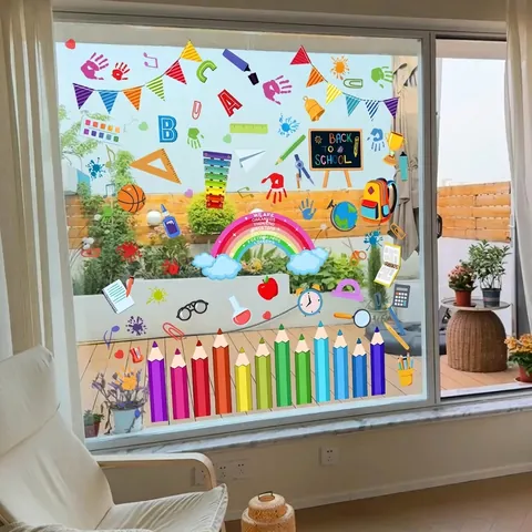 Back To School Wall Sticker Rainbow Pencil Alphabet Decal Double Sided Visible PVC Self Adhesive Classroom Window Decor