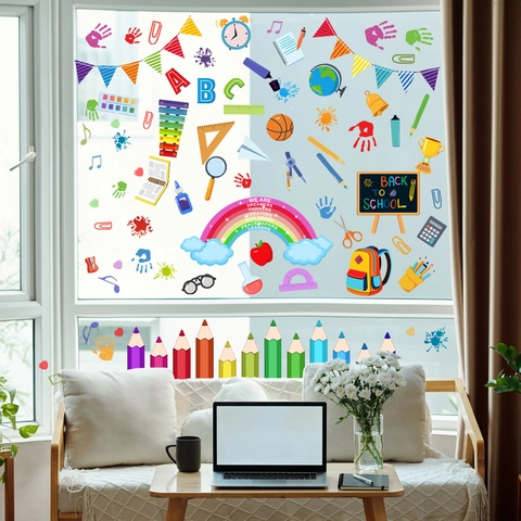 Back To School Wall Sticker Rainbow Pencil Alphabet Decal Double Sided Visible PVC Self Adhesive Classroom Window Decor