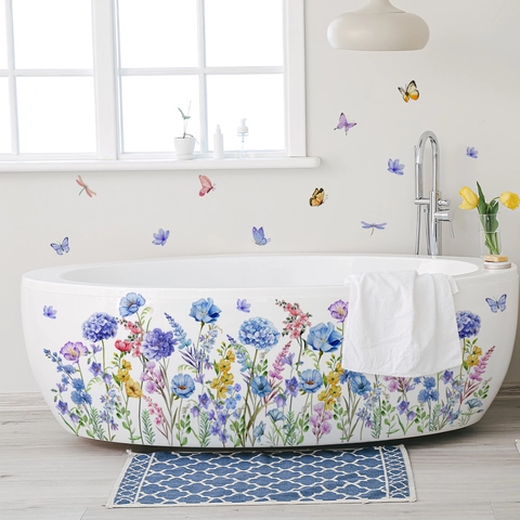 Stickers Muraux Fleurs Bleues Aquarelle PVC Auto-Adhésif Amovible Papillon Libellule Décor Pour Chambre Salon