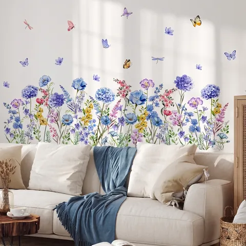 Stickers Muraux Fleurs Bleues Aquarelle PVC Auto-Adhésif Amovible Papillon Libellule Décor Pour Chambre Salon