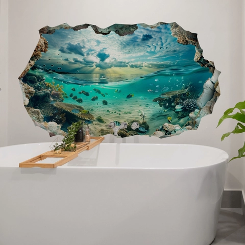 Sticker Mural 3D Océan Mur Brisé Imperméable PVC Monde Sous-marin Poissons Tropicaux Pour Salle De Bain Baignoire