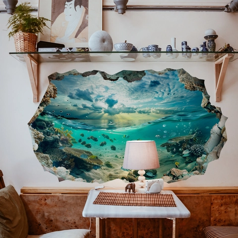 Sticker Mural 3D Océan Mur Brisé Imperméable PVC Monde Sous-marin Poissons Tropicaux Pour Salle De Bain Baignoire