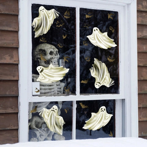 Halloween Ghost Window Clings Static PVC Double Sided Waterproof Bat Pumpkin Face Stickers Festive Party Decoration