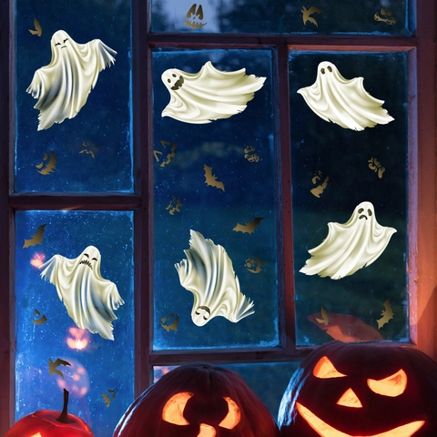 Halloween Ghost Window Clings Static PVC Double Sided Waterproof Bat Pumpkin Face Stickers Festive Party Decoration