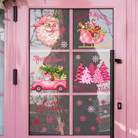 Adesivi Per Finestre Di Natale Rosa Babbo Natale Slitta Camion Albero Fiocchi Di Neve Statici Doppia Faccia PVC Decorazione Vetro