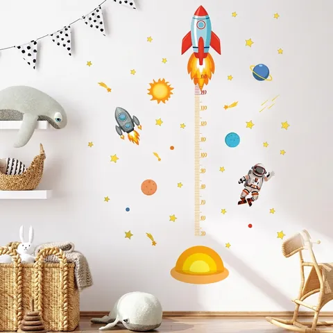 Kids Height Growth Chart Wall Sticker Space Astronaut Rocket PVC Decal Removable Self Adhesive Nursery Decor