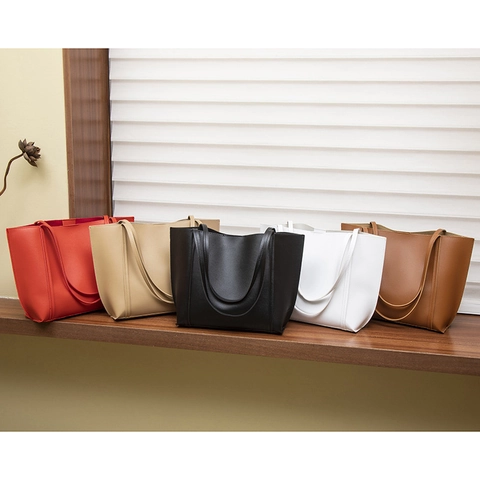 Women Large Capacity PU Leather Tote Bag And Pouch Set Minimalist Solid Color Shoulder Bag Urban Commuter Handbag