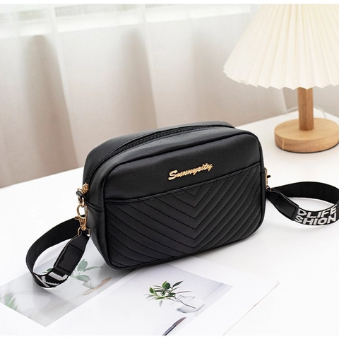 Women PU Leather Crossbody Camera Bag V-Quilted Stitched Small Square Bag With Wide Letter Printed Jacquard Shoulder Strap