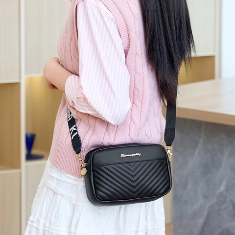 Women PU Leather Crossbody Camera Bag V-Quilted Stitched Small Square Bag With Wide Letter Printed Jacquard Shoulder Strap