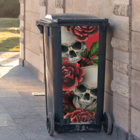 Gothic Skull Red Rose Wall Sticker PVC Waterproof Trash Bin Decal For Outdoor Indoor Home Decor Vintage Tattoo Artistic Removable Adhesive Sticker