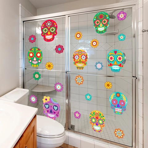 Autocollants Muraux Crâne Jour Des Morts Fleurs Colorées PVC Imperméable Autocollant Halloween Décoration De Chambre