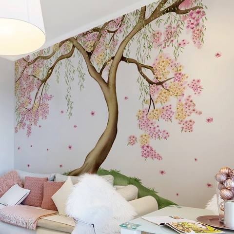 Pink Blooming Tree Wall Stickers PVC Removable Self Adhesive Floral Mural Birds Living Room Bedroom Kids Nursery Decor