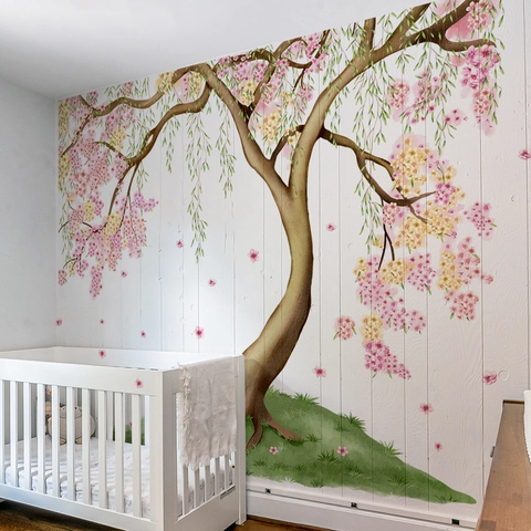 Pink Blooming Tree Wall Stickers PVC Removable Self Adhesive Floral Mural Birds Living Room Bedroom Kids Nursery Decor