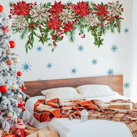 Pegatinas De Pared De Navidad Flor De Nochebuena Acebo Y Copos De Nieve Para Decoración Del Hogar Festivo Extraíble Autoadhesivo De PVC