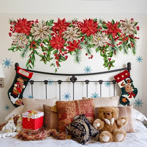 Pegatinas De Pared De Navidad Flor De Nochebuena Acebo Y Copos De Nieve Para Decoración Del Hogar Festivo Extraíble Autoadhesivo De PVC