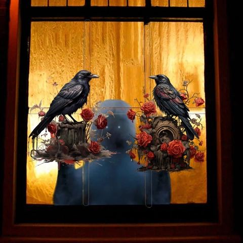 Halloween Gothic Window Stickers PVC Static Cling Crow Cat Grim Reaper Wizard Dog Decals For Home Party Holiday Decoration