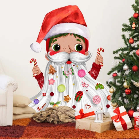 Weihnachts Wandaufkleber PVC Selbstklebend Cartoon Junge Langer Bart Lebkuchenmann Zuckerstange Feiertag Deko