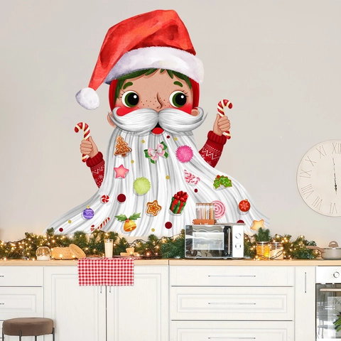 Weihnachts Wandaufkleber PVC Selbstklebend Cartoon Junge Langer Bart Lebkuchenmann Zuckerstange Feiertag Deko