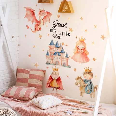 Vinilo Decorativo Dibujos Animados Dragón Princesa Castillo Lámina de Oro Habitación Niños Dream Big Little One Mural PVC
