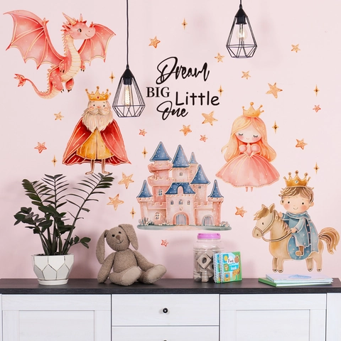 Vinilo Decorativo Dibujos Animados Dragón Princesa Castillo Lámina de Oro Habitación Niños Dream Big Little One Mural PVC