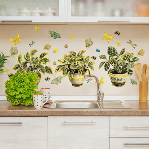 Green Plant Vine Potted Butterfly Gold Stamping Wall Stickers For Home Decor Removable Waterproof PVC Room Decoration
