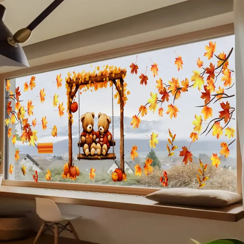 Autumn Thanksgiving Window Stickers Static Cling PVC Maple Leaves Pumpkin Bear Scarecrow Decals For Glass Harvest Decor