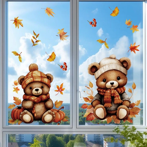 Pegatinas de Ventana de Acción de Gracias de Otoño Oso Gnomo Calabaza Hojas de Membrillo Calcomanías Estáticas Decoración del Hogar
